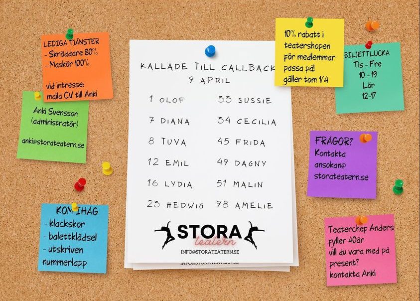 Något som ser ut som en anslagstavla med en lista: Kallade till Callback 9 april och sedan namnet på de 12 karaktärerna som vi kommer få möta i föreställningen "Tid att drömma".