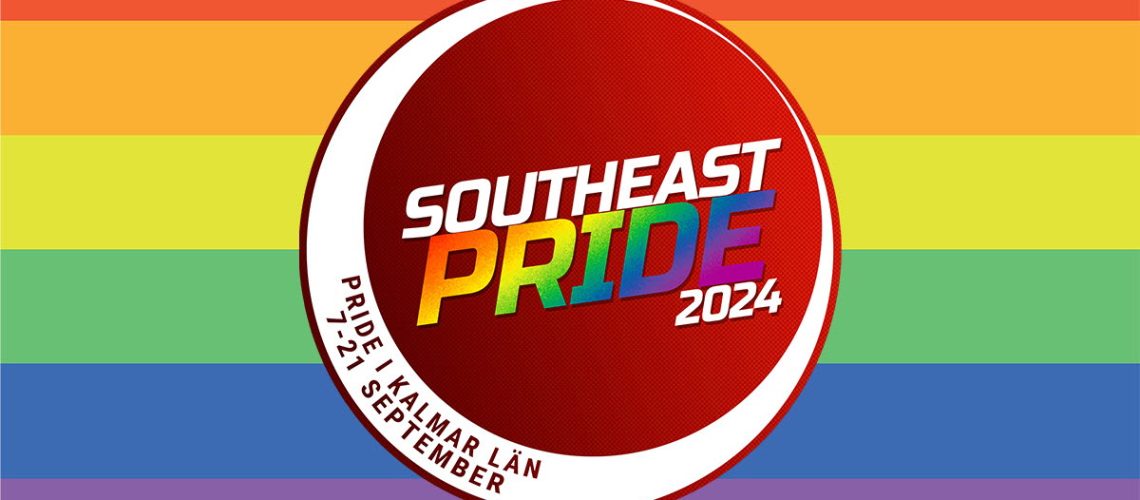En regnbågslogga med texten Southeast Pride 2024 Pride i Kalmar län 7-21 september
